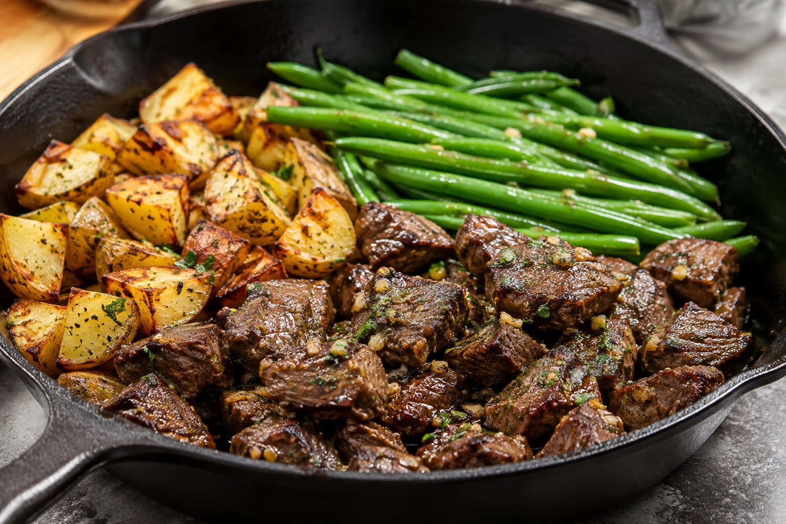 Garlic butter steak bites with green beans, roasted potatoes and parsley