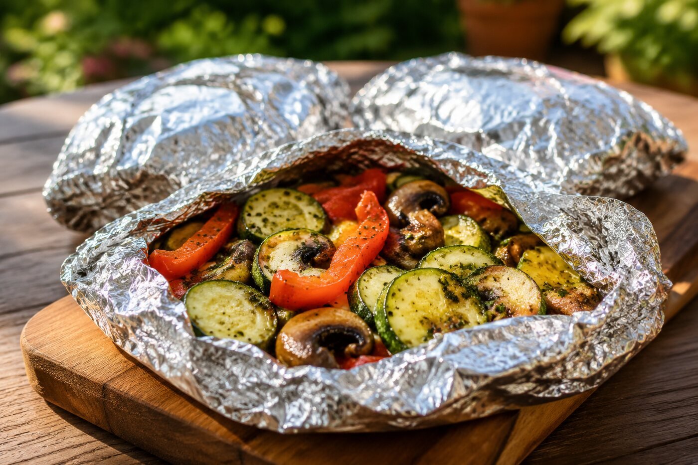 Garlic butter vegetable foil packets with zucchini, peppers and mushrooms