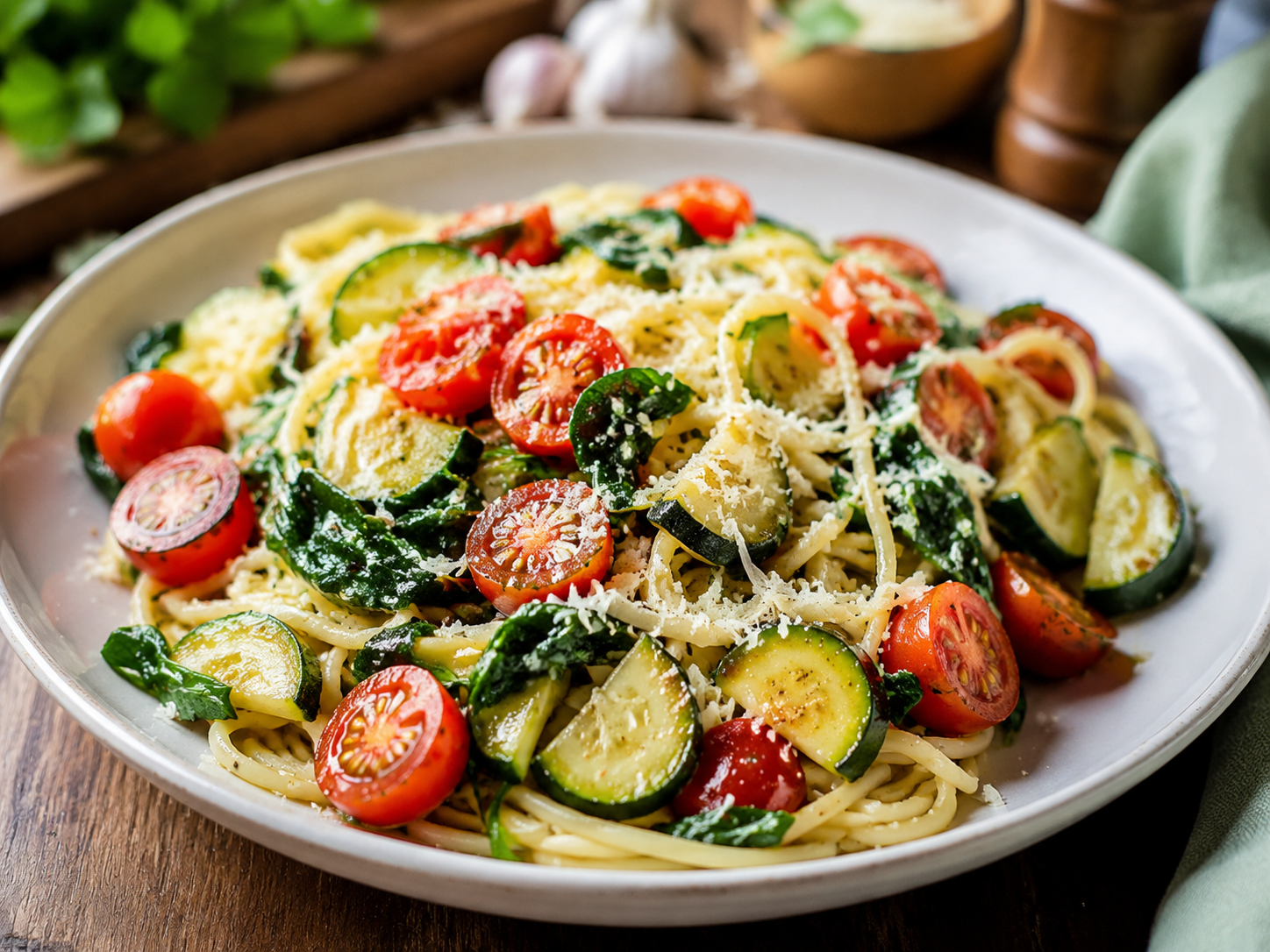 Garlic butter vegetable pasta with cherry tomatoes, zucchini, spinach and parmesan