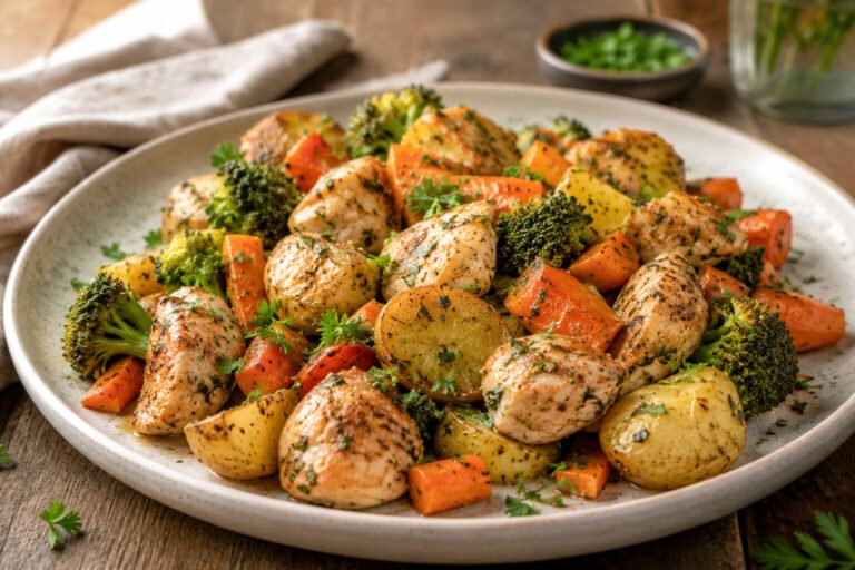 Garlic herb chicken with broccoli, carrots and baby potatoes