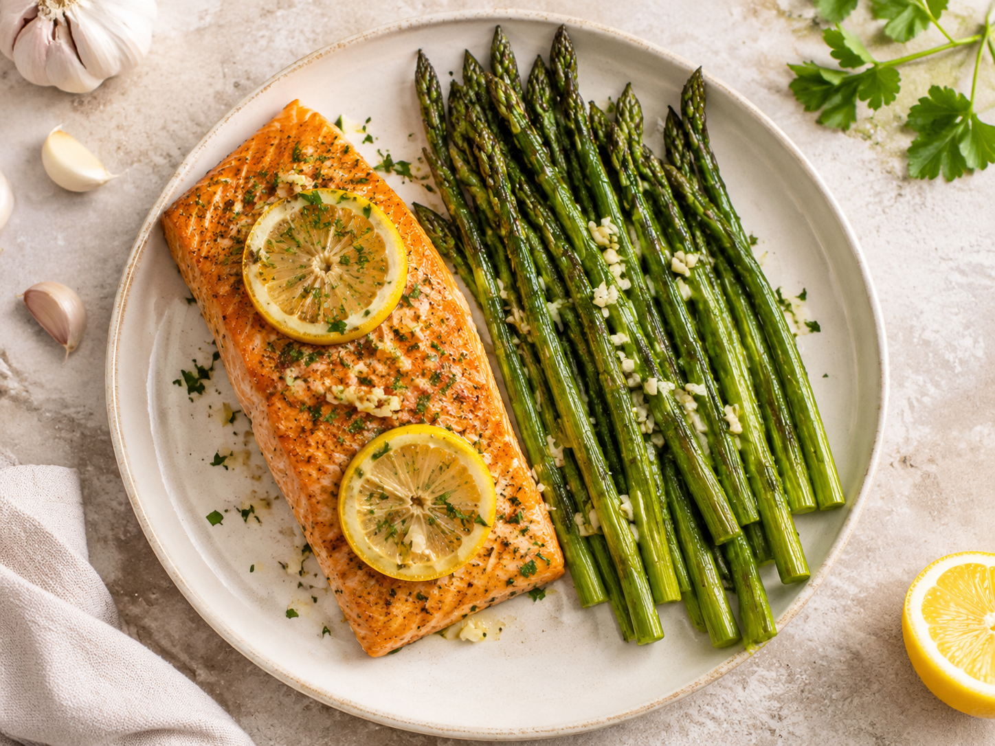 Garlic lemon salmon with roasted asparagus and lemon