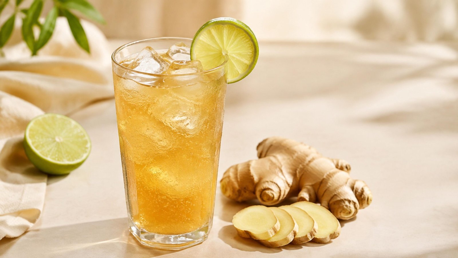 Ginger Refresher mocktail with lime, fresh ginger and ice