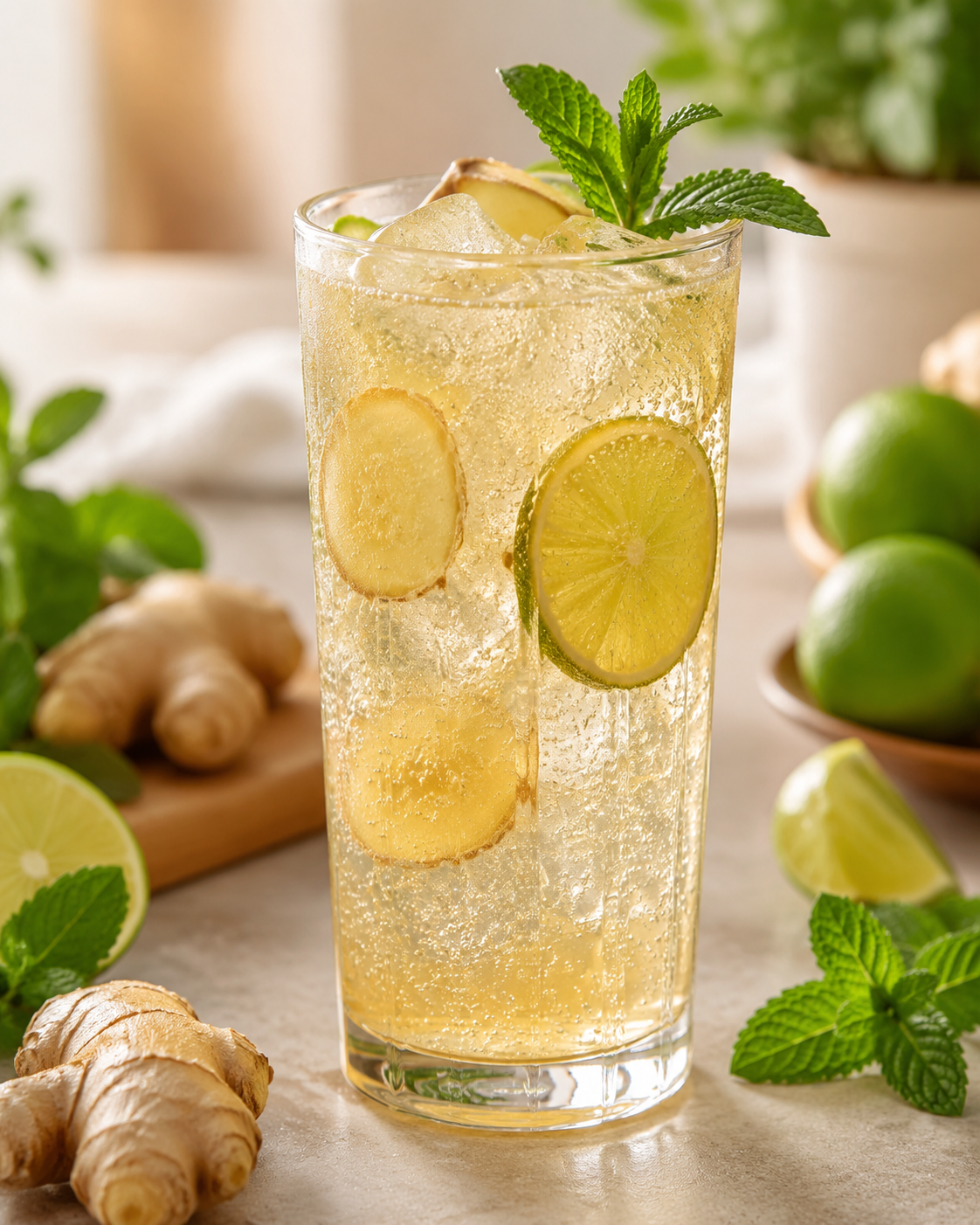 Sparkling ginger refresher mocktail with lime, mint and fresh ginger.