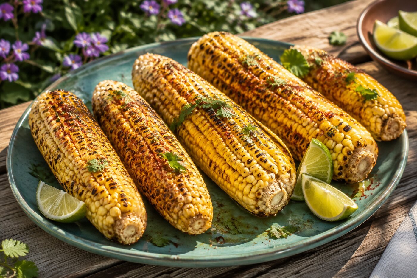 Charred grilled corn with chili-lime butter, cilantro and lime wedges