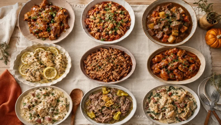 Nine hearty crockpot meals arranged for easy busy weeknight dinners