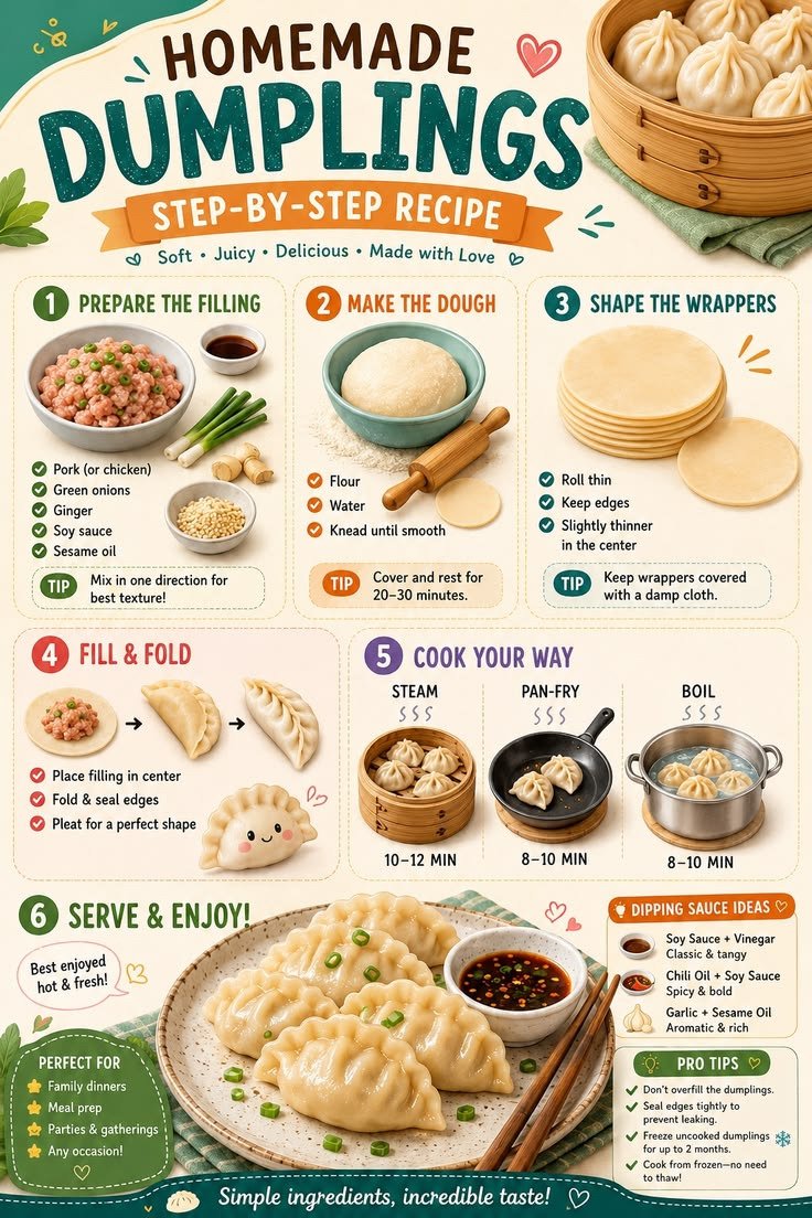 Step-by-step illustrated homemade dumplings recipe showing filling, dough, wrappers, folding, cooking methods and dipping sauces