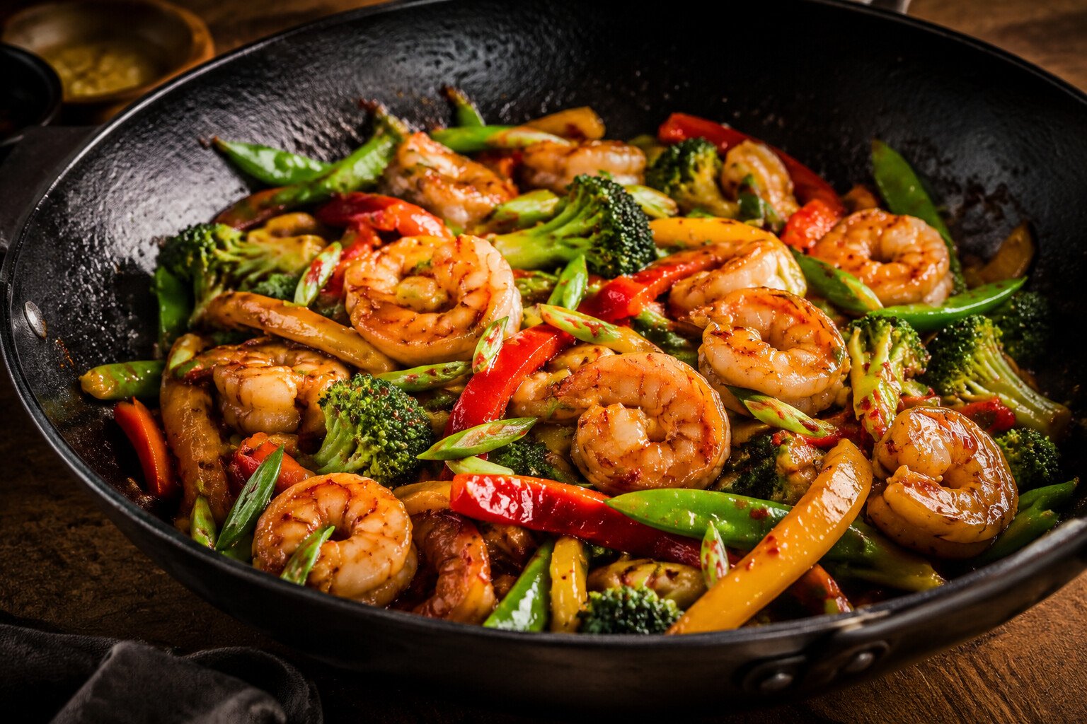 Honey chili shrimp stir-fry with bell peppers, broccoli, snap peas and scallions