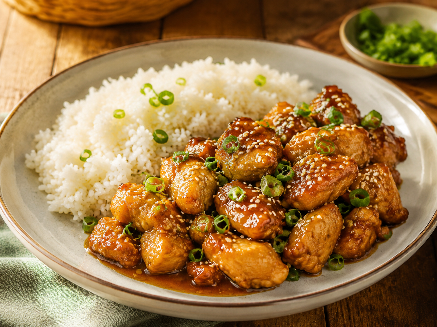 Glossy honey garlic chicken with sesame seeds, scallions and rice