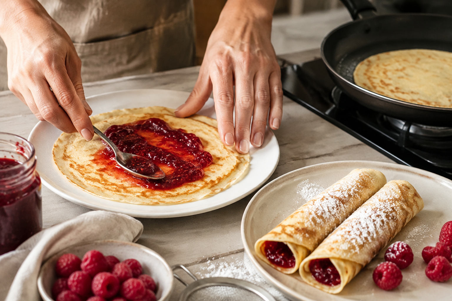Raspberry jam being spread over a homemade golden crepe before rolling