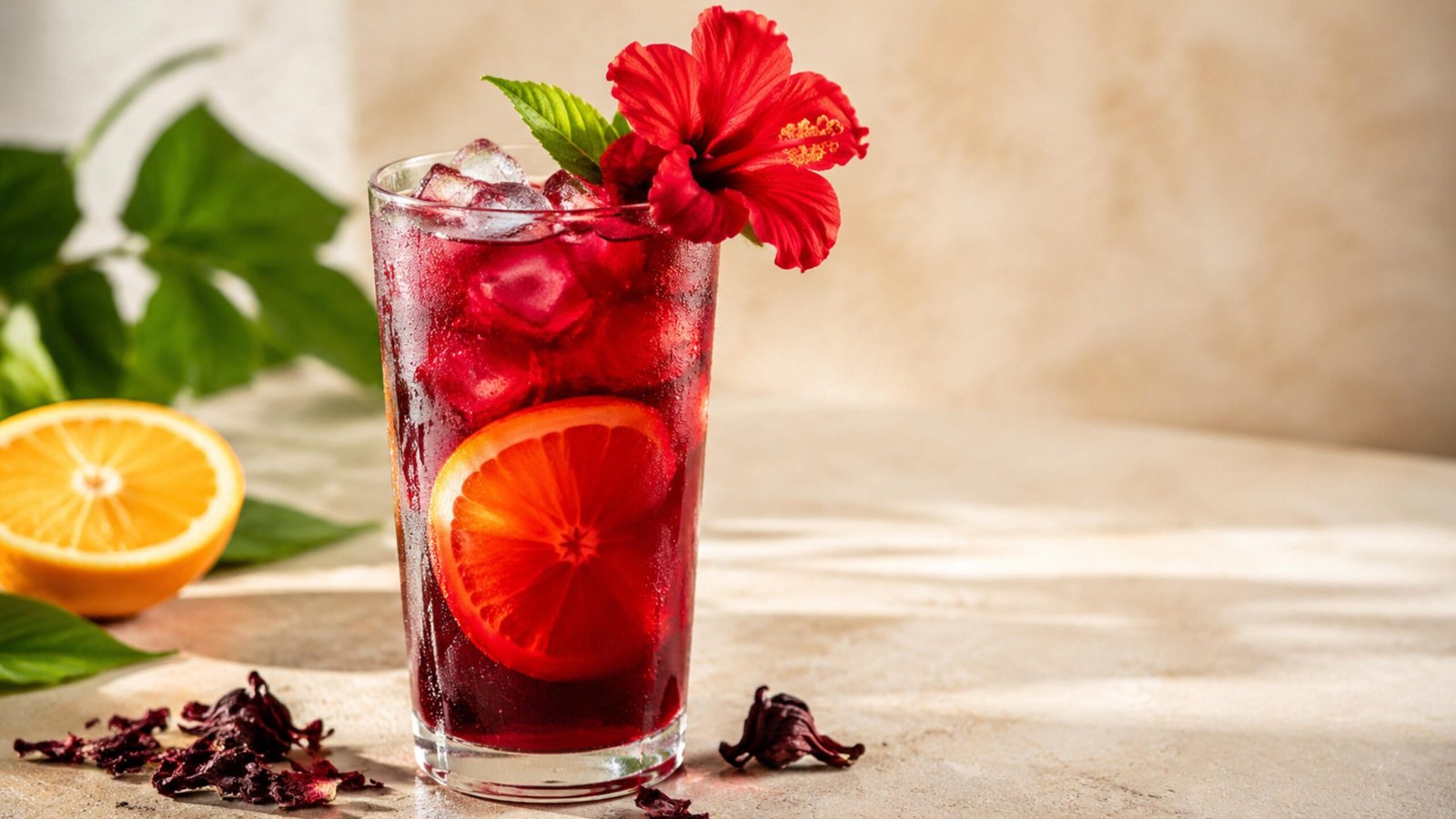 Iced Hibiscus Tea mocktail with orange, hibiscus and ice