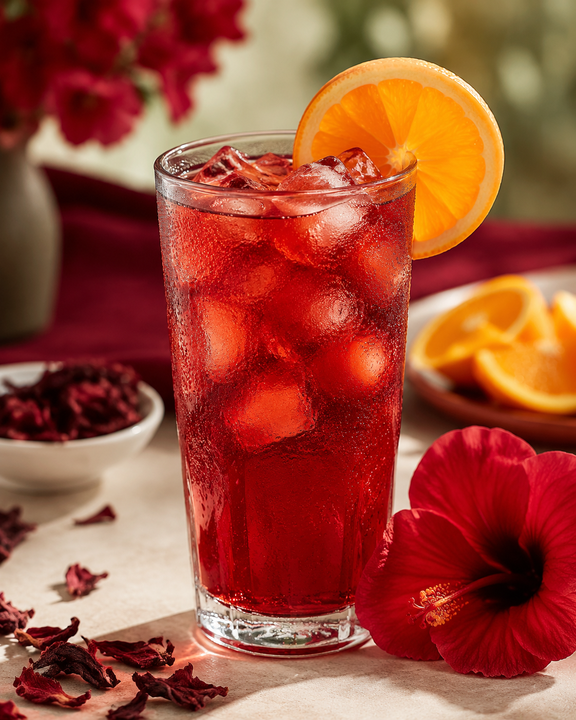 Iced hibiscus tea mocktail with cranberry, orange and ice.