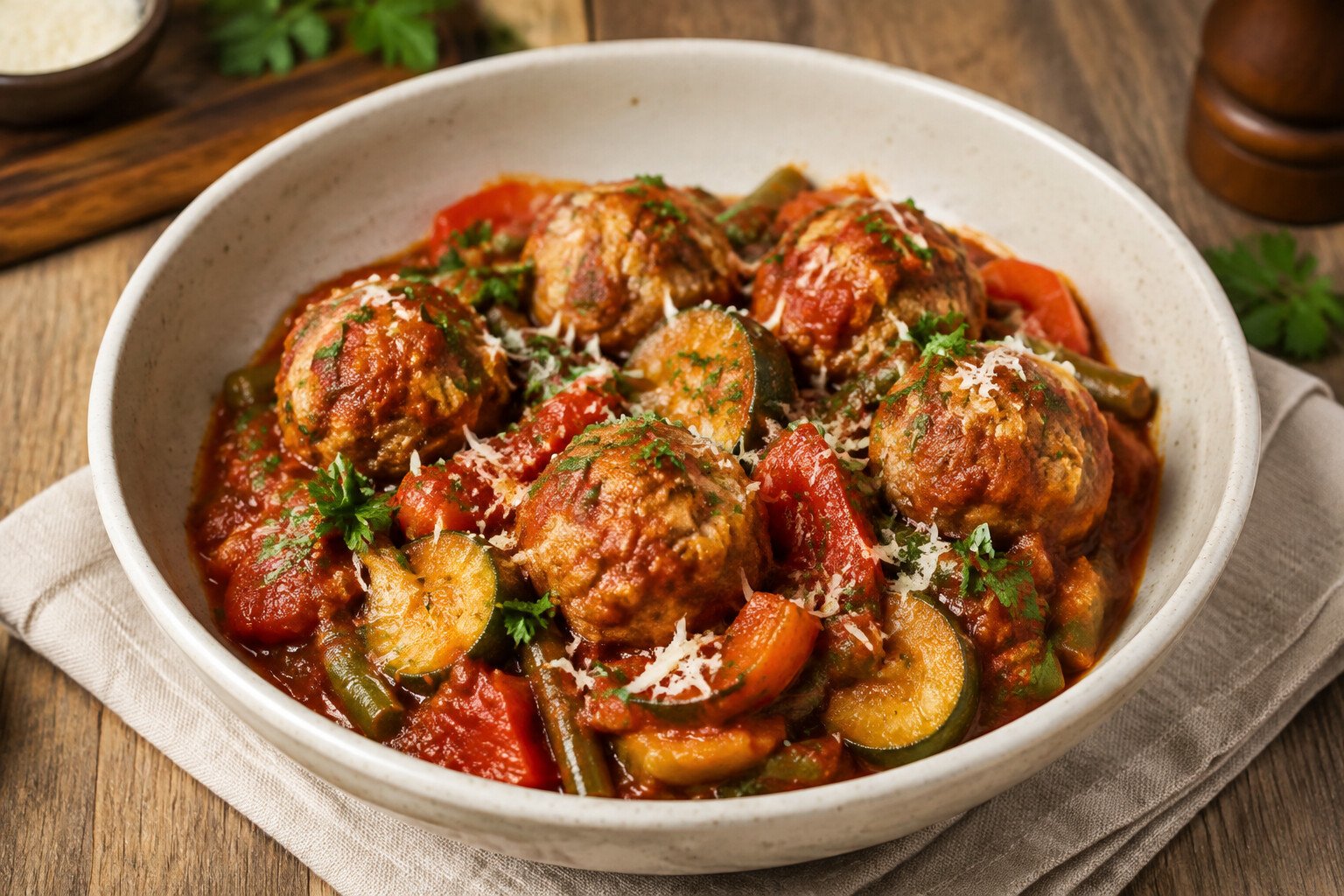 Italian Crockpot turkey meatballs in marinara with zucchini and bell peppers