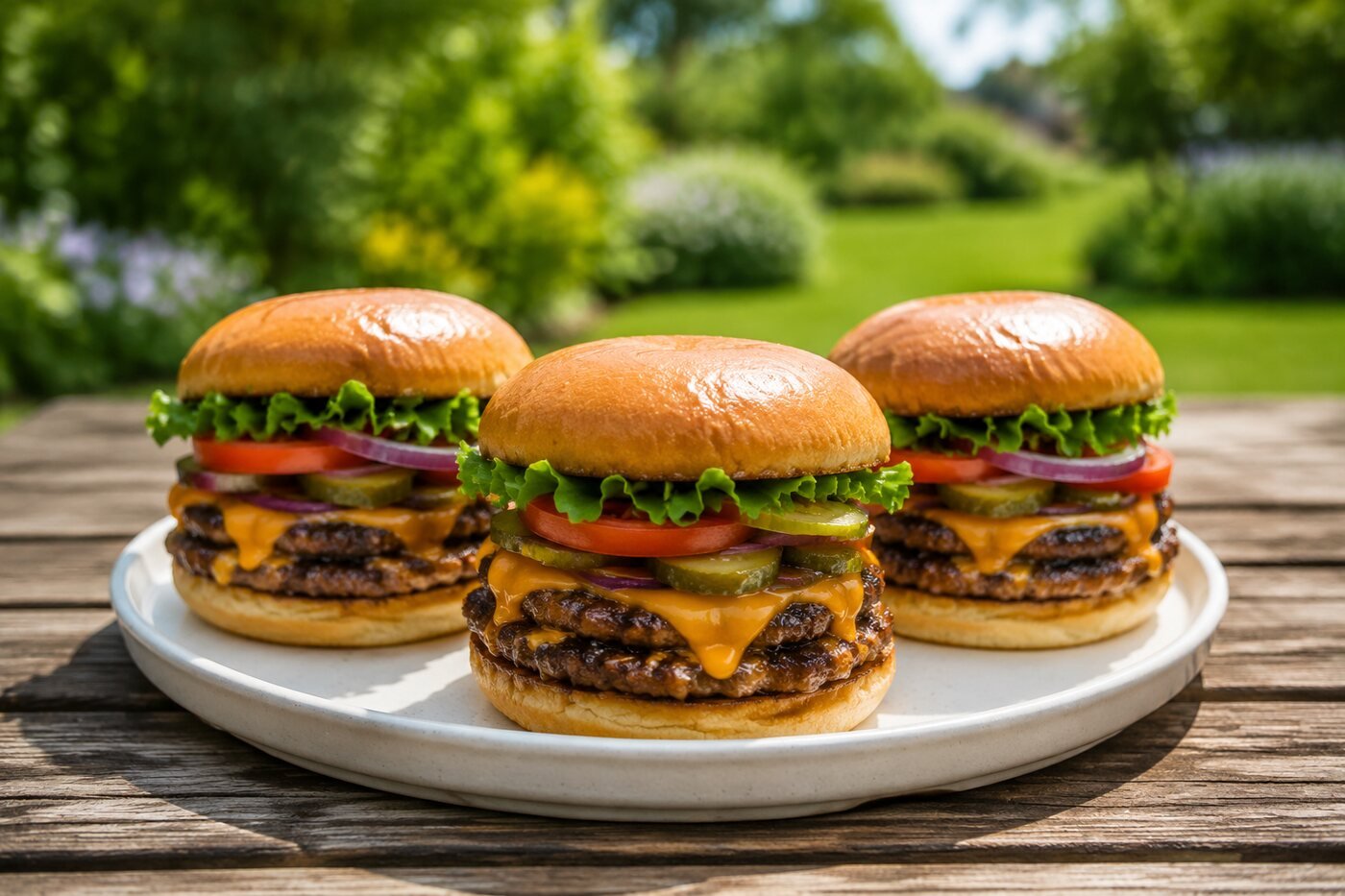 Juicy double smash cheeseburgers with lettuce, tomato, onion and pickles