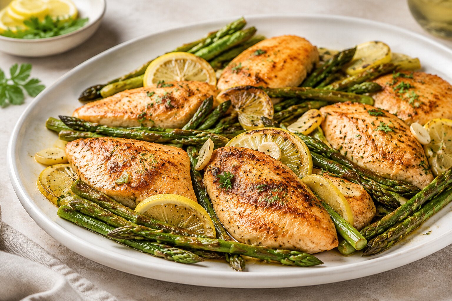 Lemon asparagus chicken with garlic, herbs and lemon slices