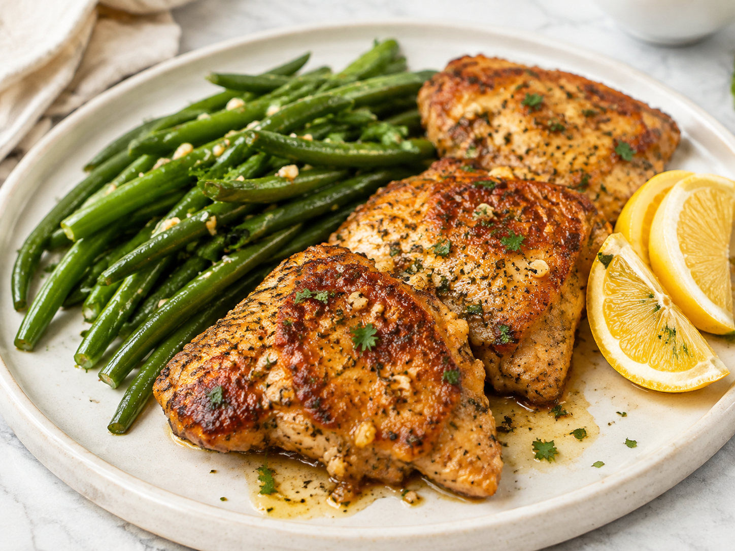 Lemon garlic chicken with green beans and lemon wedges