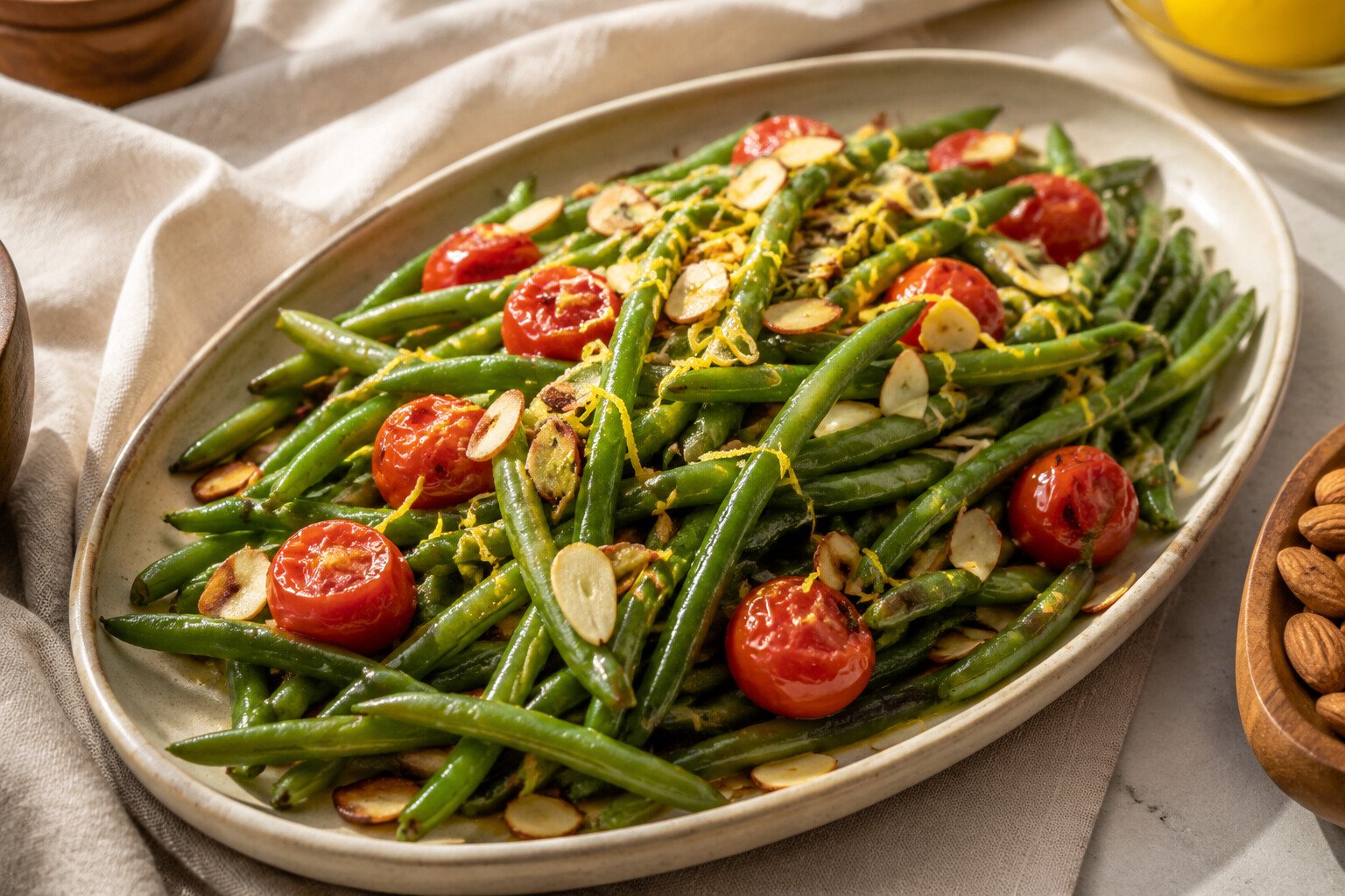 Lemon garlic green beans with cherry tomatoes, sliced garlic and toasted almonds