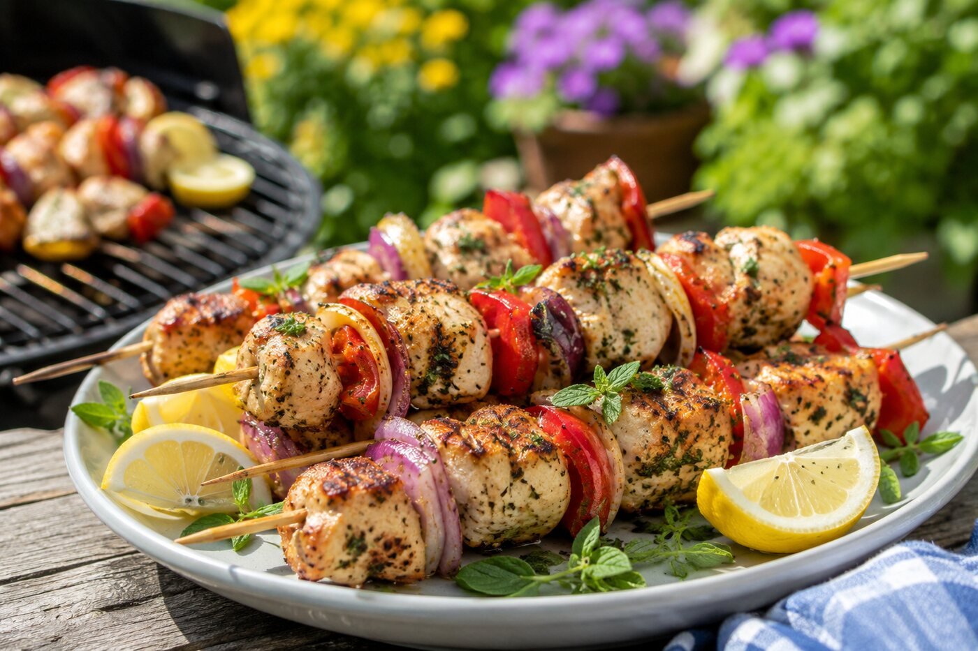 Grilled lemon-herb chicken skewers with peppers, onion and fresh oregano