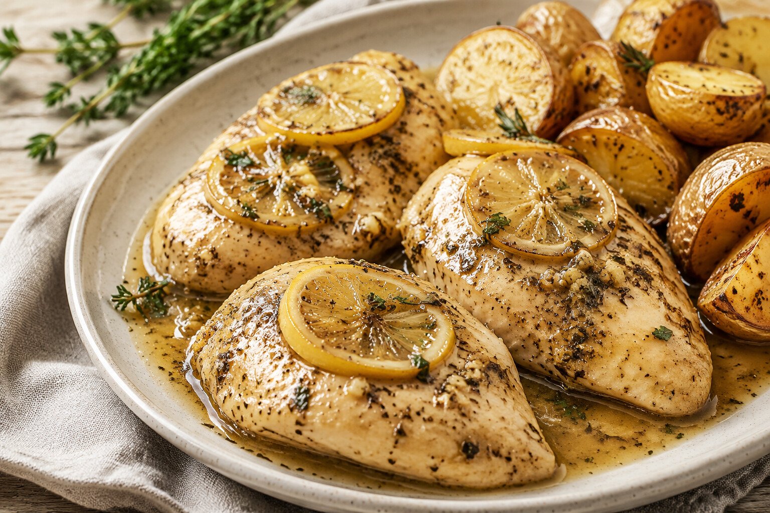 Lemon herb Crockpot chicken with garlic and baby potatoes