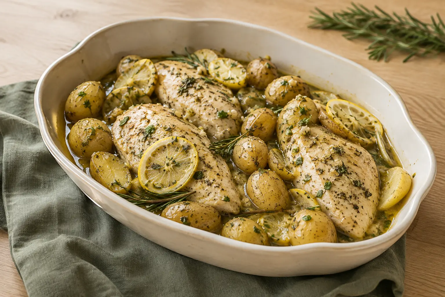 Lemon herb crockpot chicken with baby potatoes garlic and rosemary