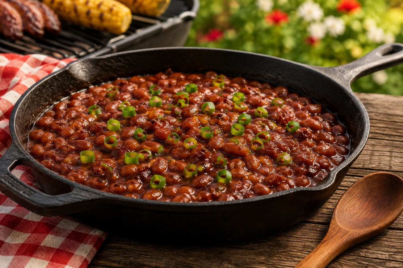Maple barbecue baked beans in a cast-iron skillet with green onion garnish
