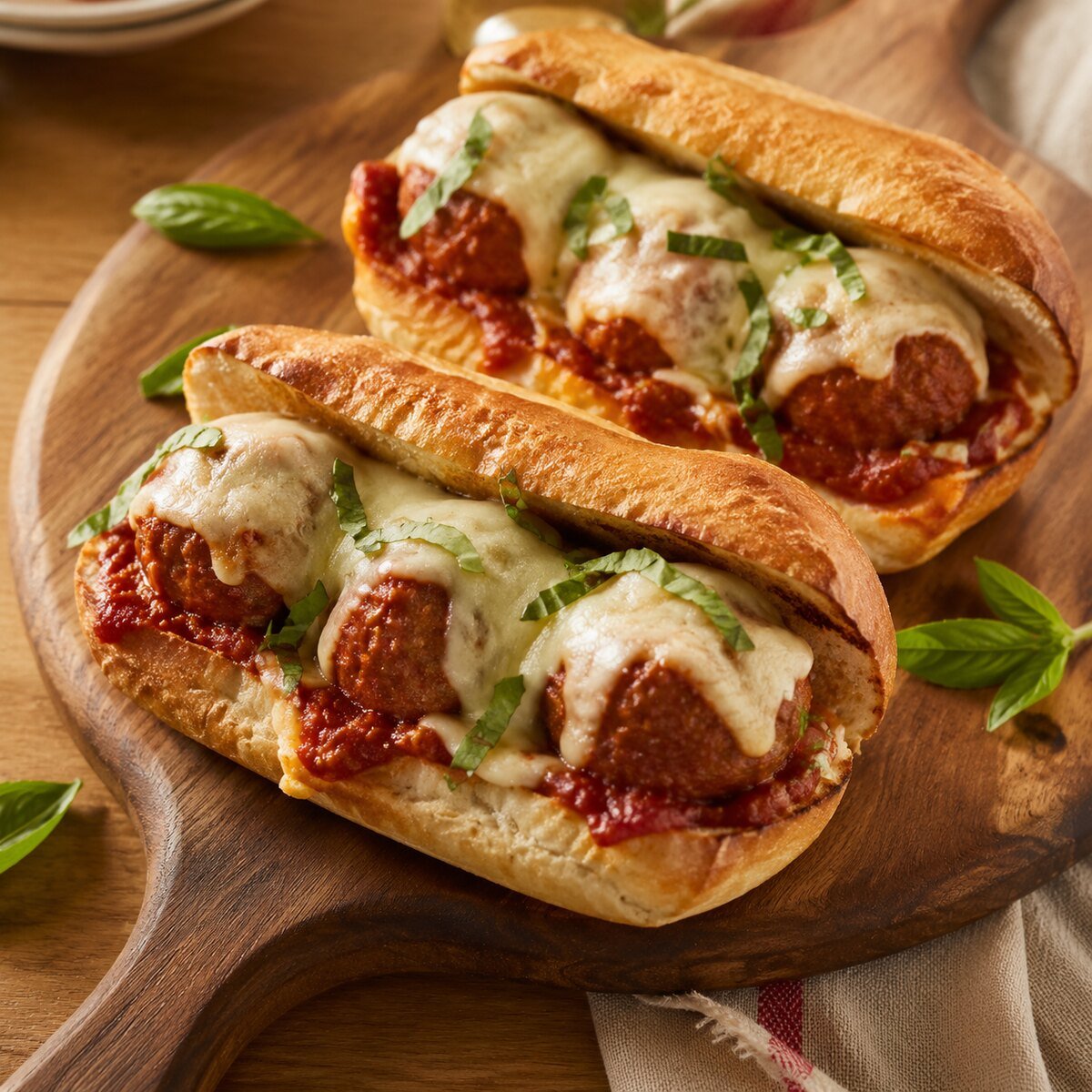 Toasted meatball sandwiches with marinara and melted mozzarella