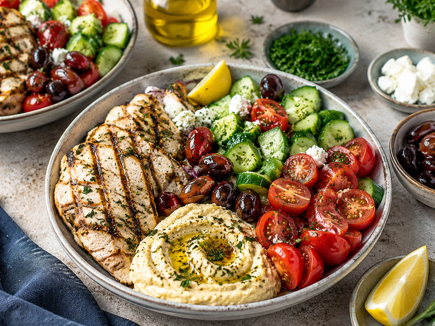 Mediterranean chicken bowls with cucumber, tomatoes, olives, hummus and herbs
