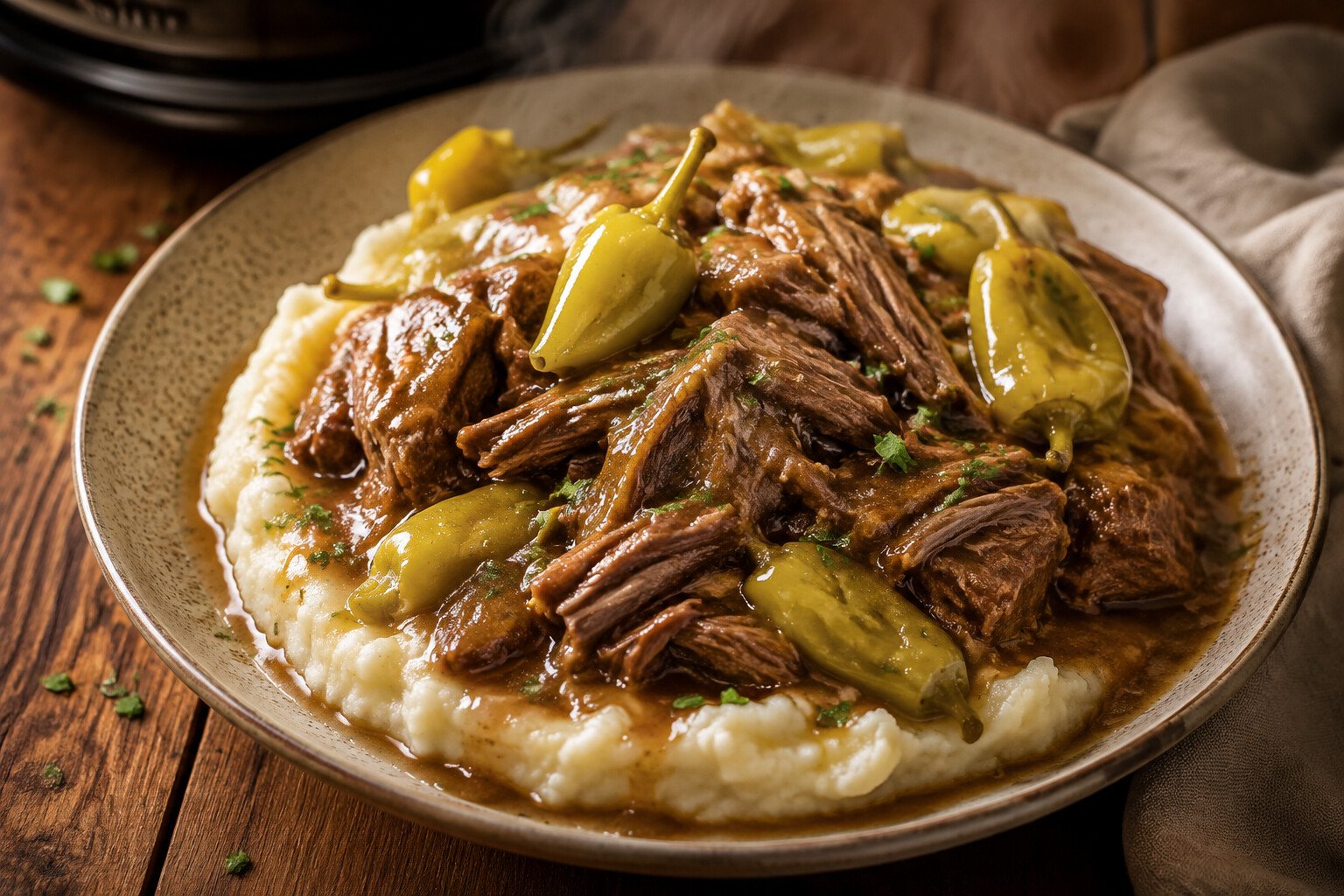 Mississippi Crockpot pot roast with pepperoncini and creamy mashed potatoes