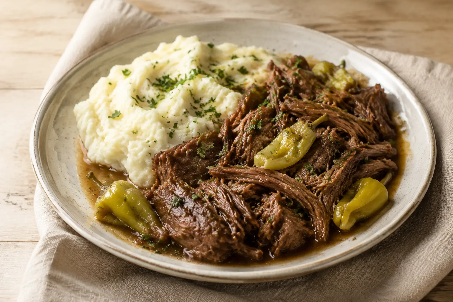Mississippi pot roast with pepperoncini gravy and mashed potatoes