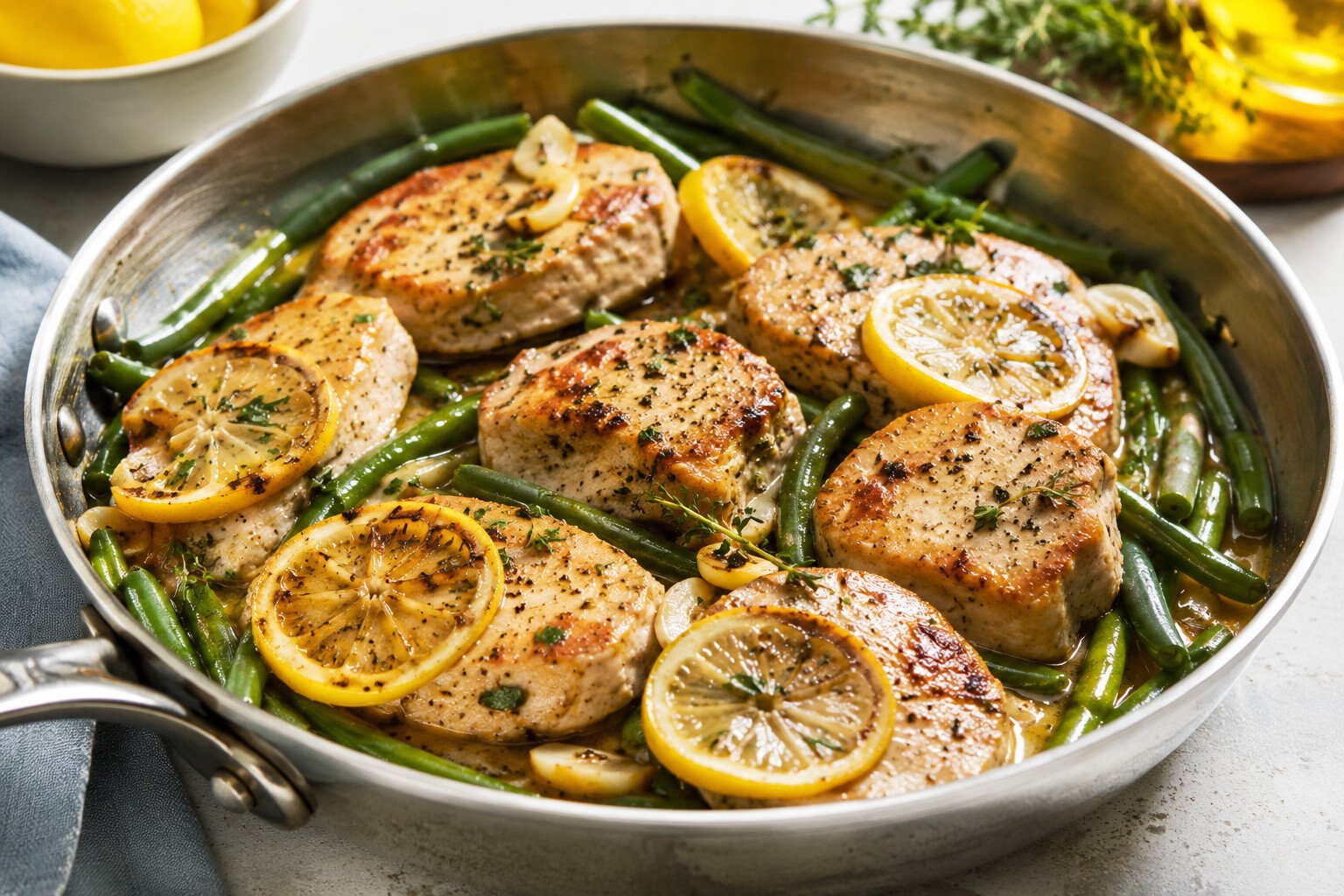 One-pan lemon chicken with green beans, garlic, lemon slices and fresh herbs