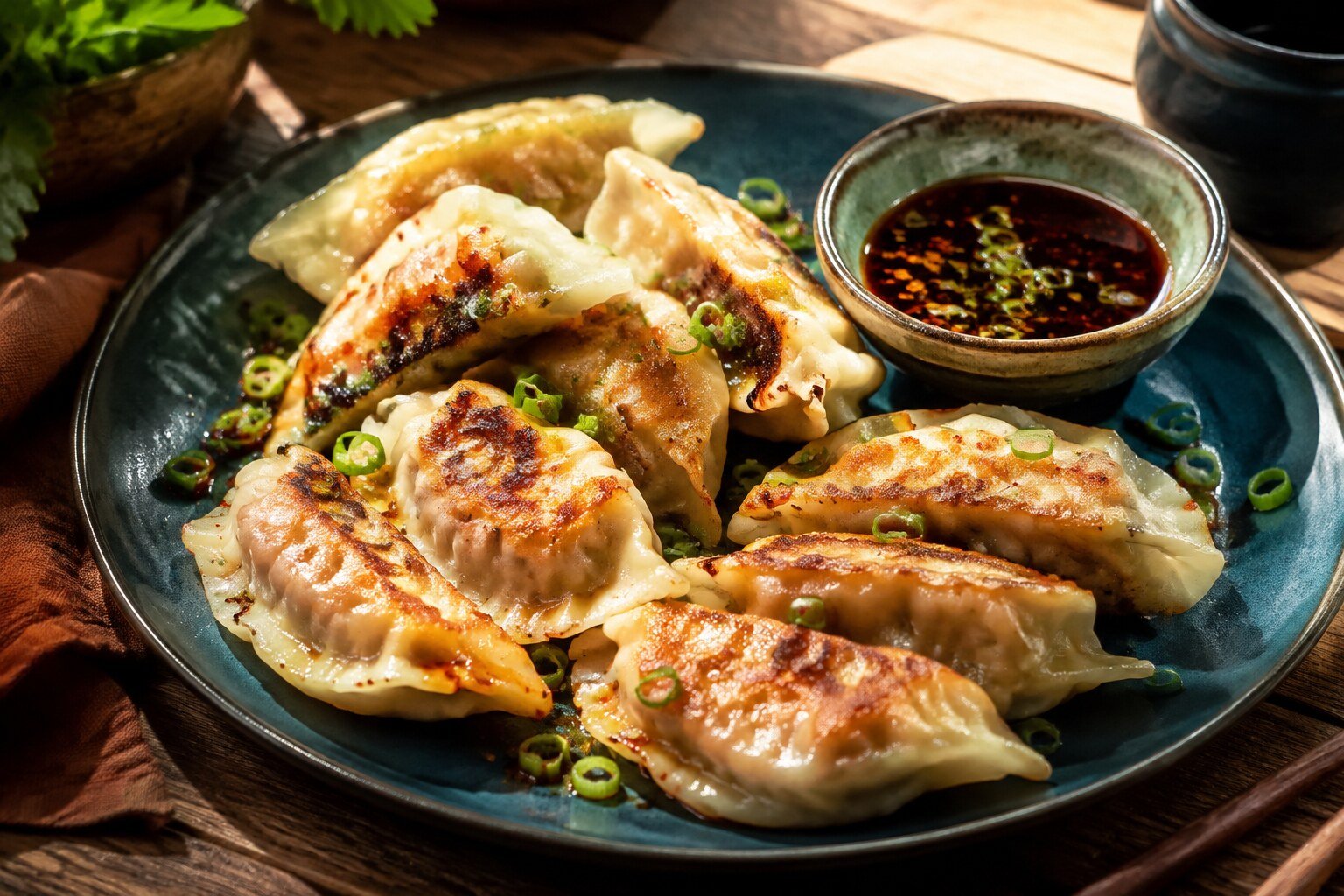 Golden crispy pan-fried homemade dumplings with soy vinegar dipping sauce