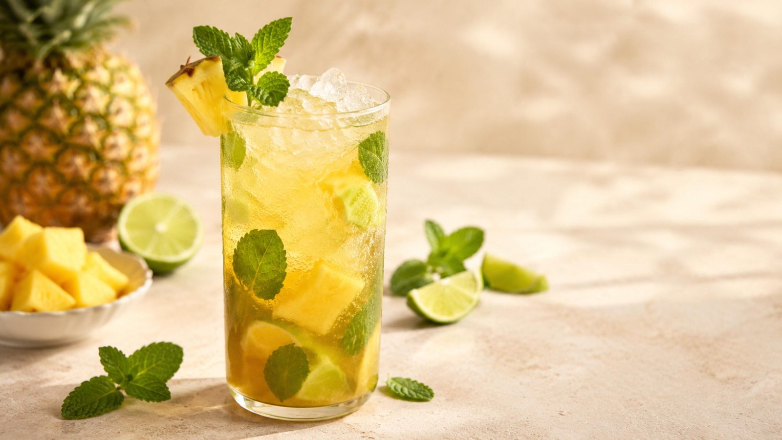 Pineapple Mojito mocktail with mint, lime, crushed ice and pineapple