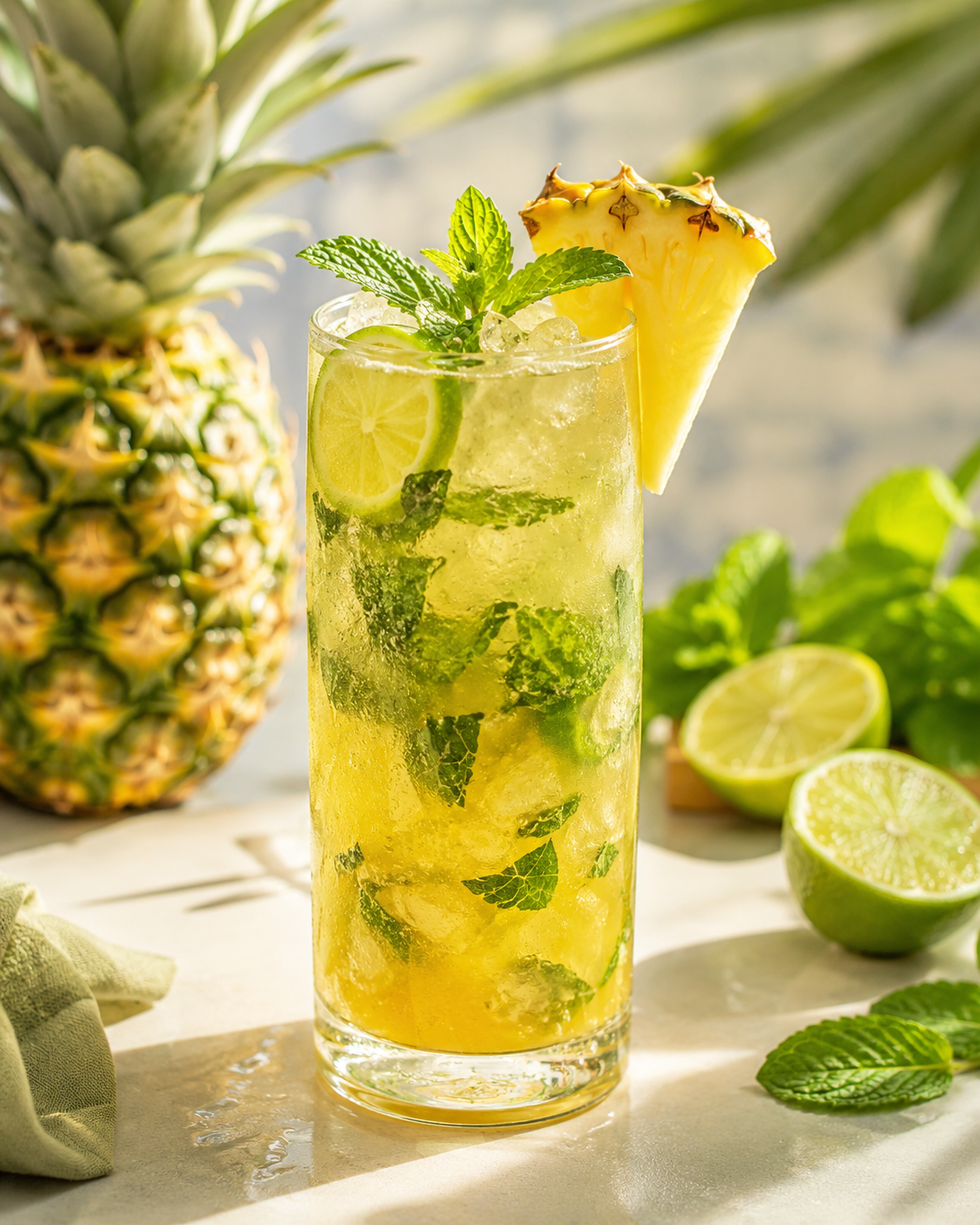 Pineapple mojito mocktail with fresh mint, lime and crushed ice.