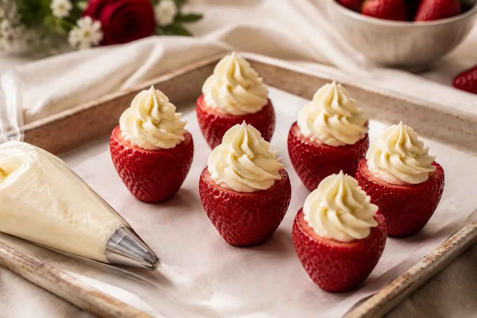 Cheesecake filling piped into fresh hollowed strawberries