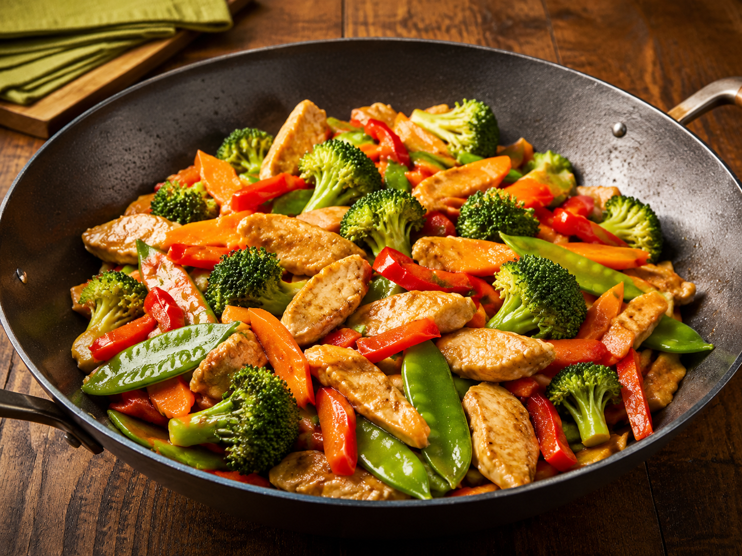 Quick chicken stir-fry with broccoli, carrots, peppers and snap peas