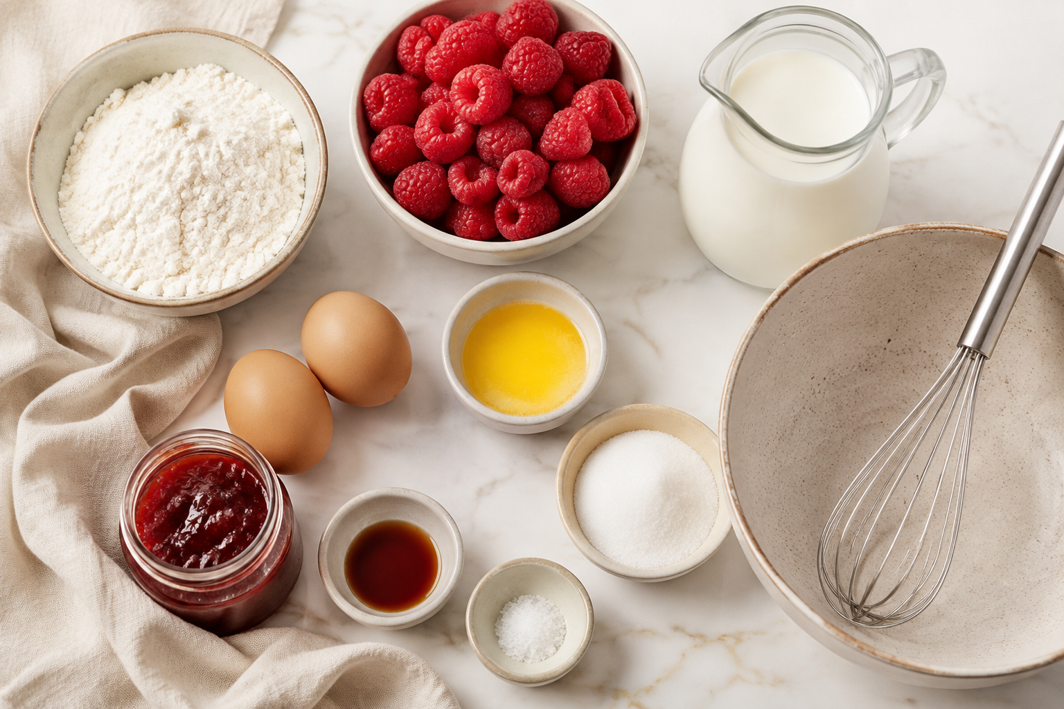 Ingredients for homemade raspberry jam crepes including flour, eggs, milk, butter, jam and fresh raspberries
