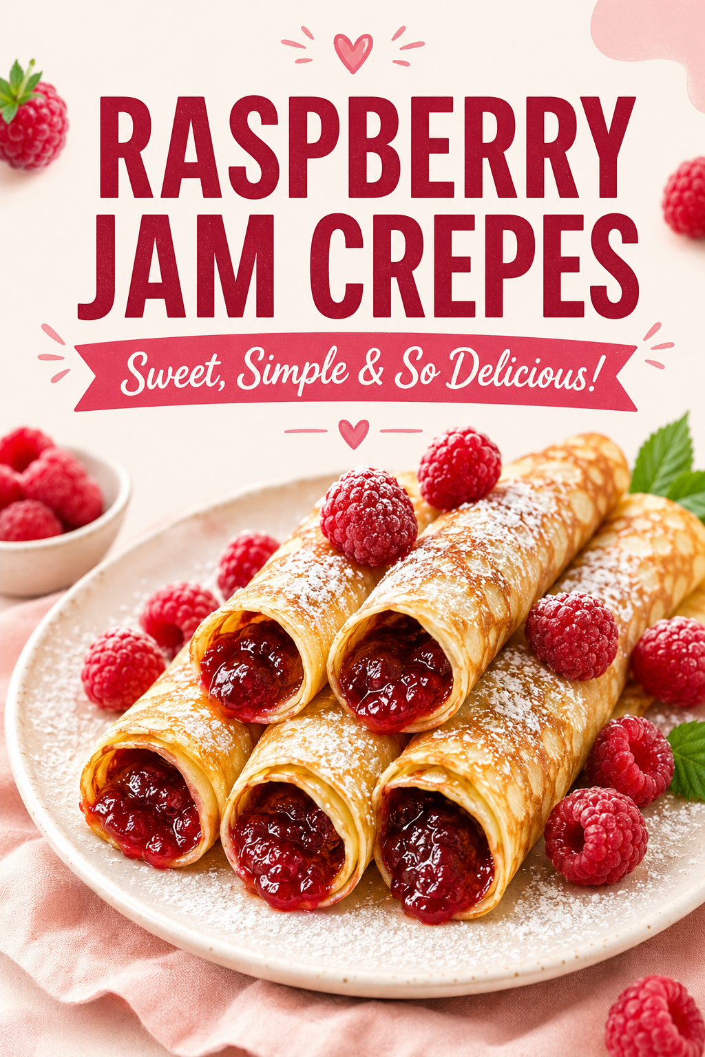 Pinterest graphic for sweet raspberry jam crepes with powdered sugar and fresh berries