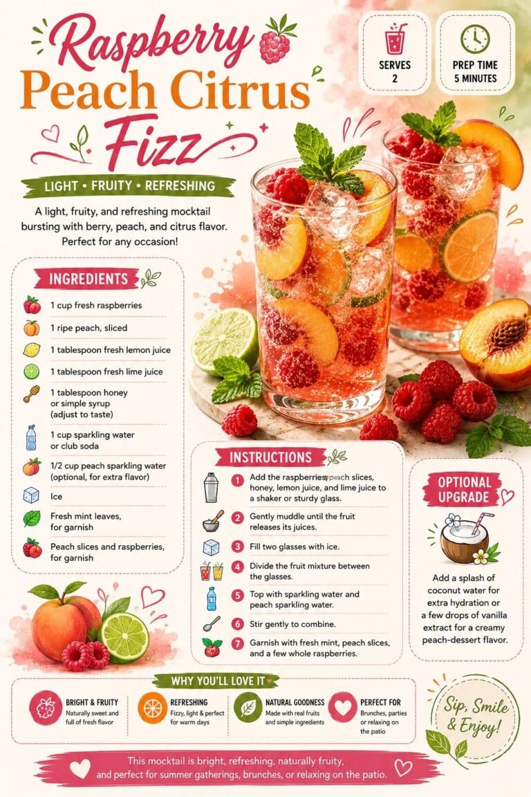 Raspberry peach citrus fizz mocktail