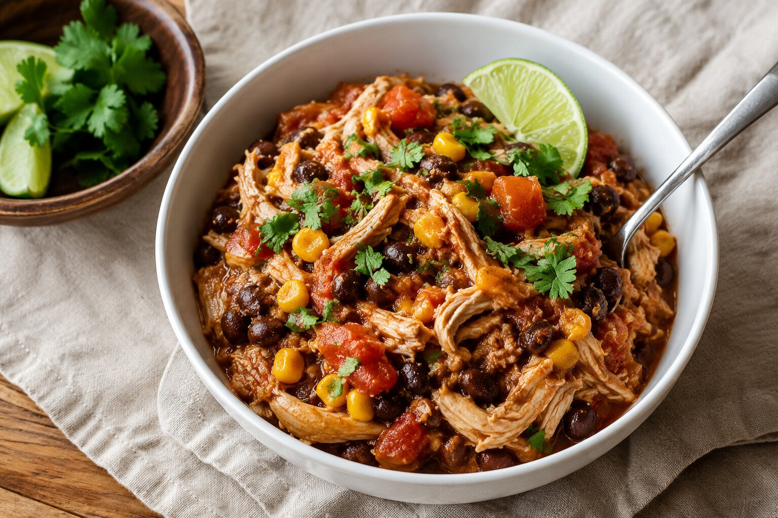 Salsa Crockpot chicken with black beans, corn, cilantro, and lime