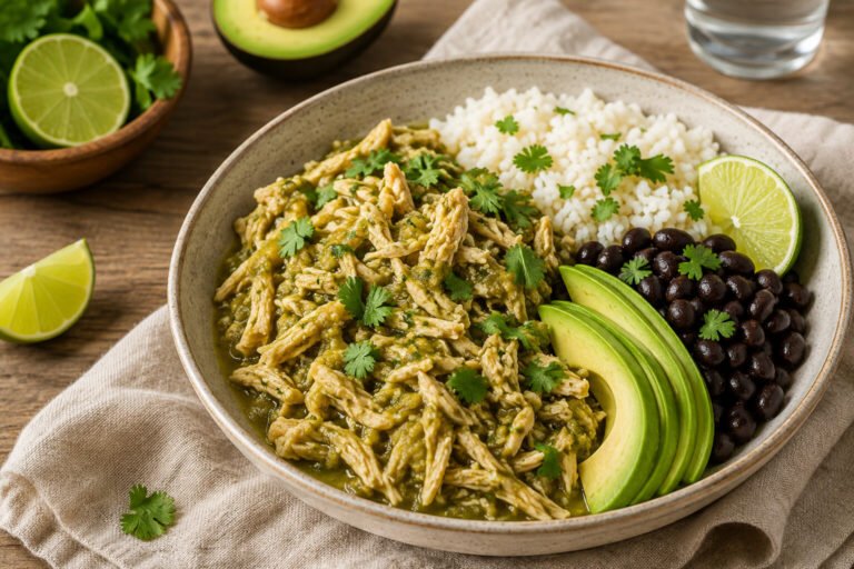 Salsa verde Crockpot chicken bowl with black beans, rice and avocado