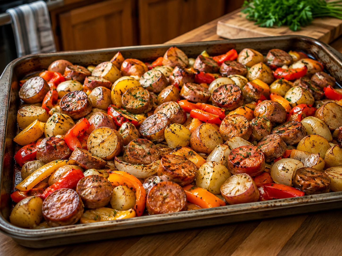 Sausage and potato sheet-pan dinner with peppers and onions