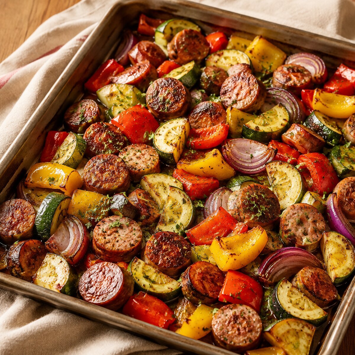Roasted sausage and colorful vegetables on a sheet pan