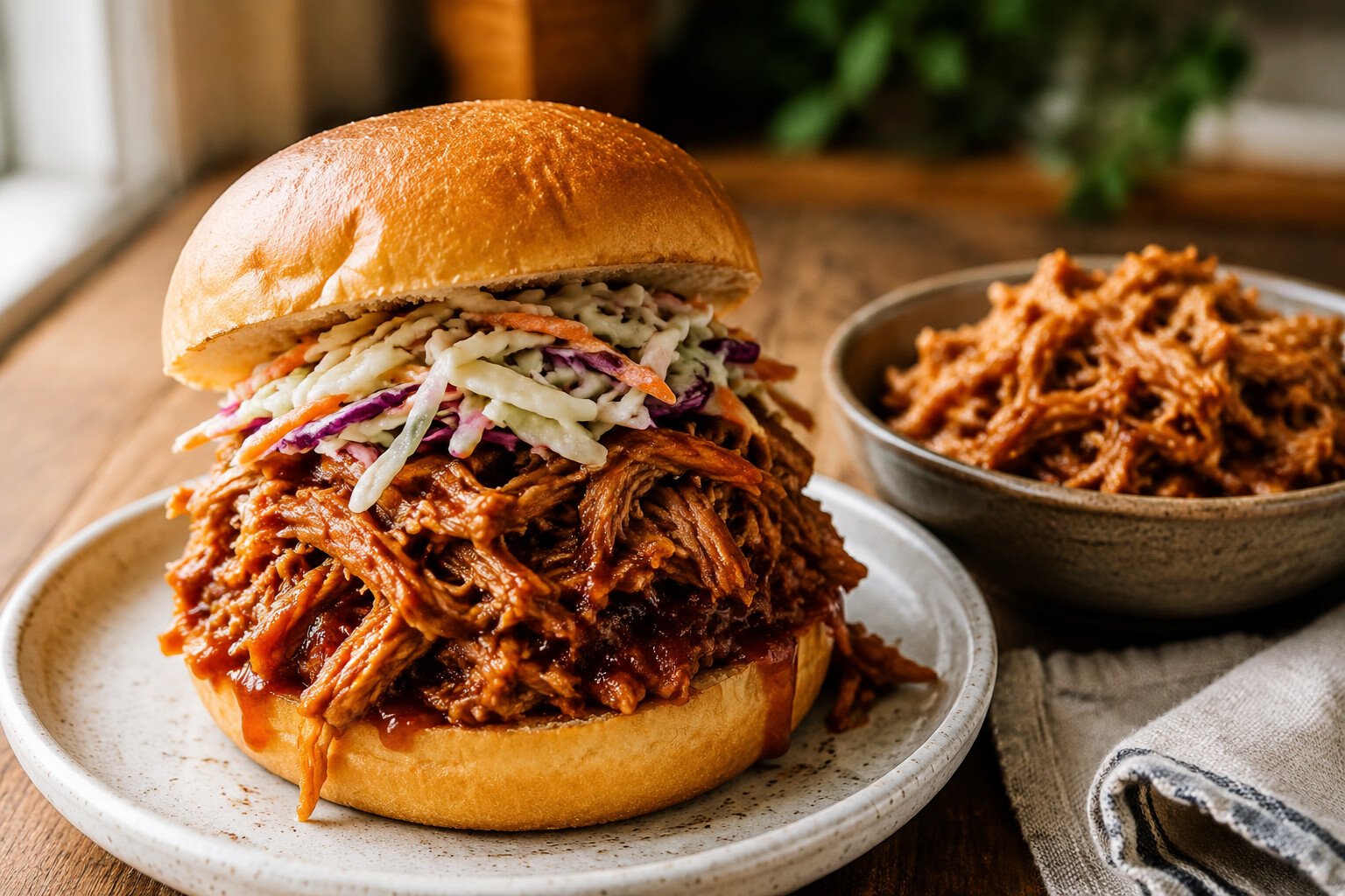 Slow cooker BBQ pulled pork sandwich with crunchy coleslaw