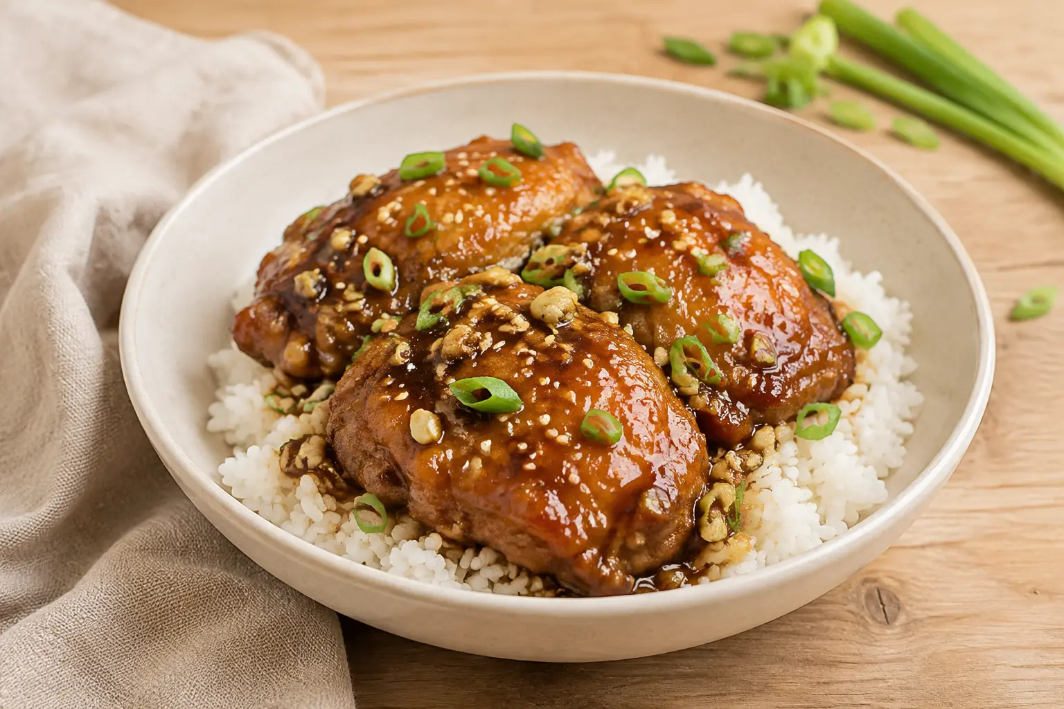 Slow cooker honey garlic chicken thighs served over white rice