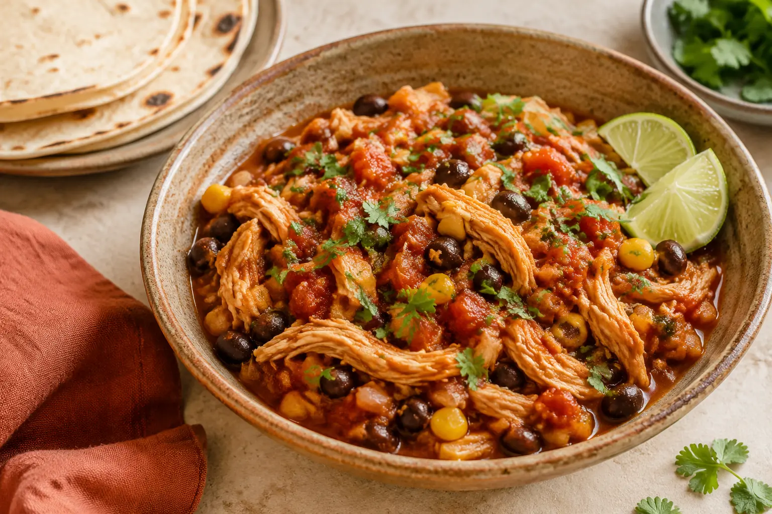 Slow cooker salsa chicken with black beans corn cilantro and lime