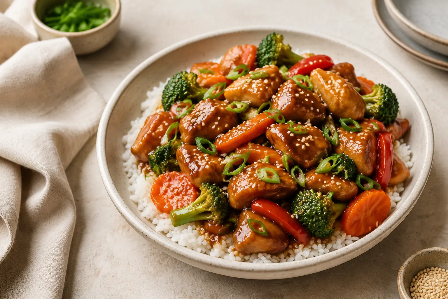 Slow cooker teriyaki chicken with broccoli peppers carrots and rice