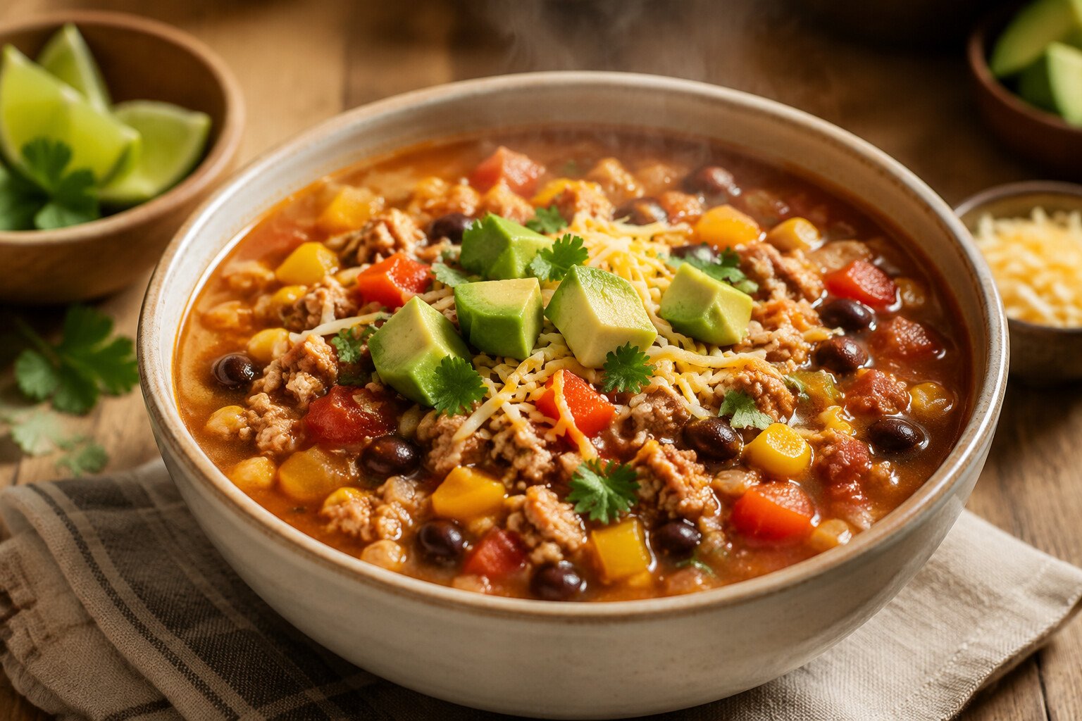 High-protein slow cooker turkey taco soup with beans, corn, tomatoes and avocado