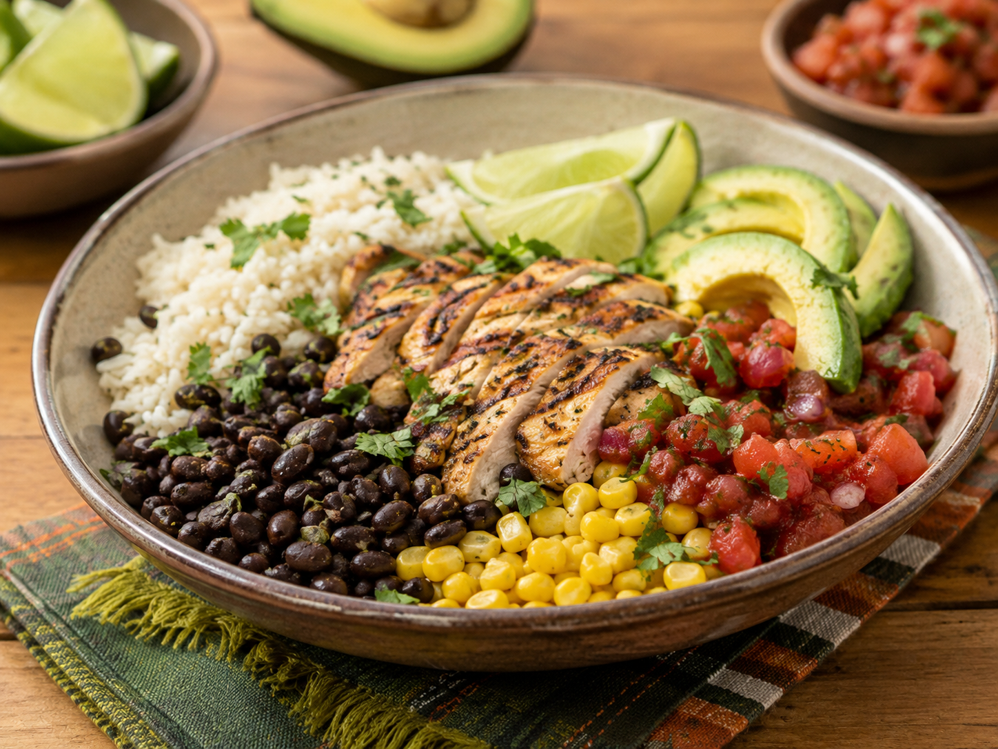 Southwest chicken bowls with black beans, corn, rice, salsa and avocado