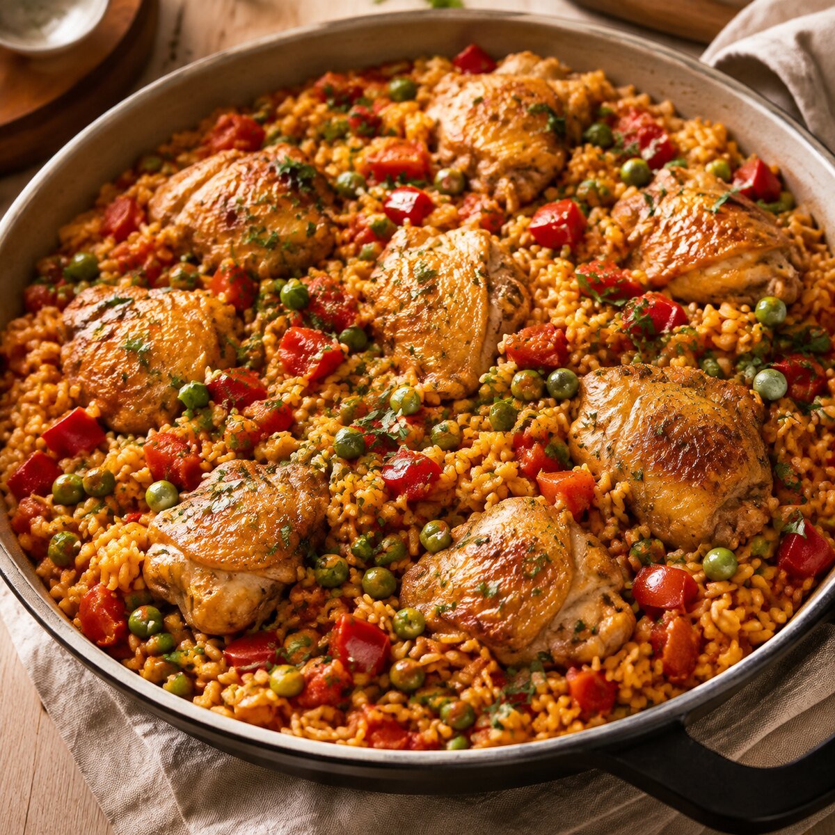 Spanish chicken and rice with peppers and peas