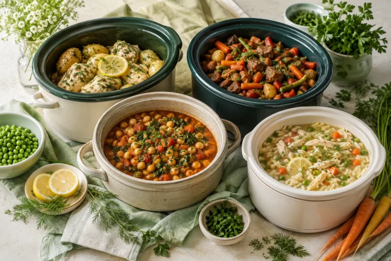 50 easy crockpot recipes for spring meal prep arranged in slow cookers