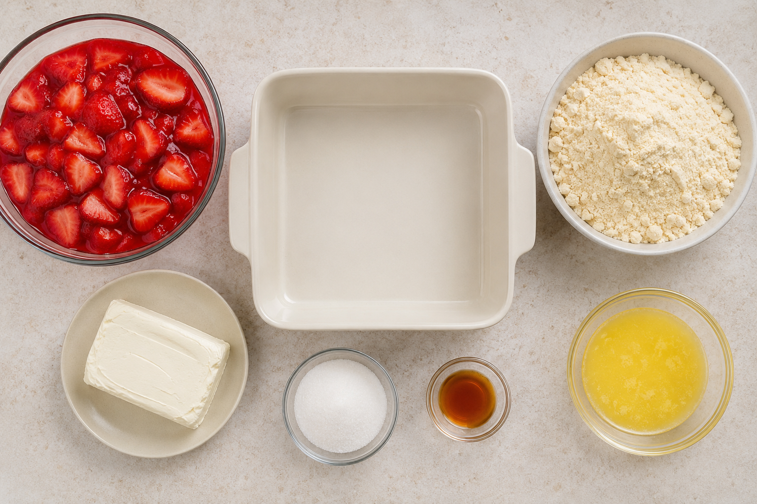 Ingredients for strawberry cheesecake dump cake including strawberry filling, cream cheese, cake mix, sugar, vanilla and melted butter